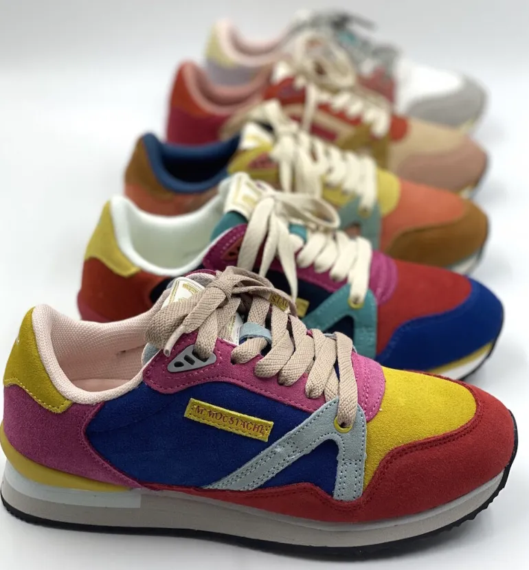 Danefæ M.MOUSTACHE André Running Sneakers Suede Bleu Rouge Orange | Dame Sneakers