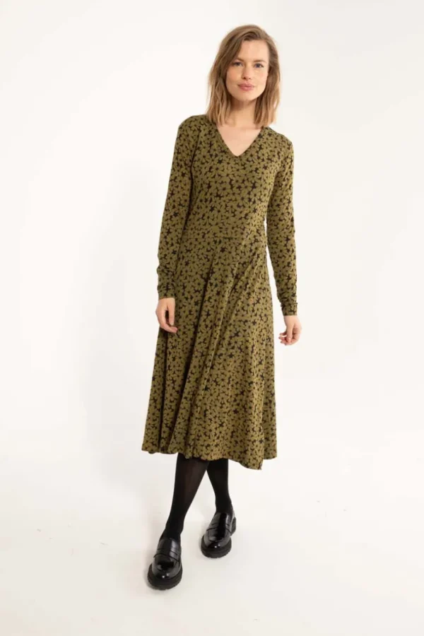 Danefæ ORGANIC - Danandreasen Viscose Slub Dress Olive FLOWERY | Dame Kjoler